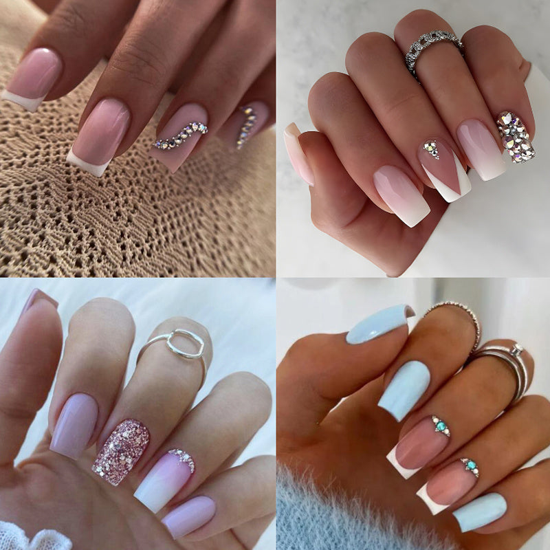 96PCS (4 PACK) Gradient Press on Nails with Rhinestones Design, Glossy Pink Ombre Medium Square False Nails Gel Glue on Nails Simple Crystal Manicure Art Acrylic Fake Nails Stick on Nails for Women Girls